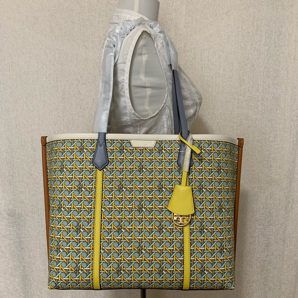 Tory Burch Perry Triple Compartment Northern Blue Basket Weave Large Tote Bag - Picture 2 of 15